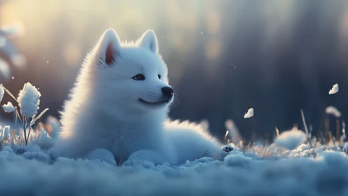 Snowlit white puppy rendered with soft-focus cinematic depth