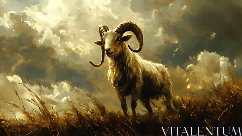 Majestic horned ram under stormlit golden sky.