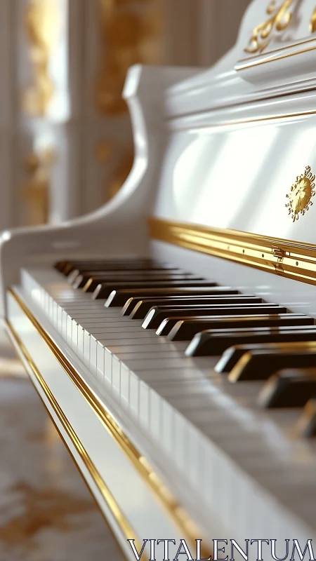 White concert grand piano with gold inlay, shallow focus rendering.