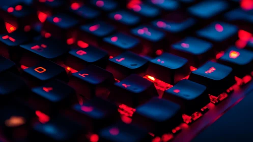 Mechanical keyboard keys with red blue gaming backlight.