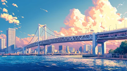 Sunlit suspension bridge spans stylized urban waterfront skyline