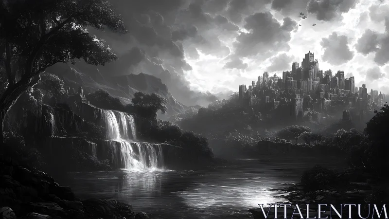Monochrome citadel skyline contrasts with tiered waterfalls and river