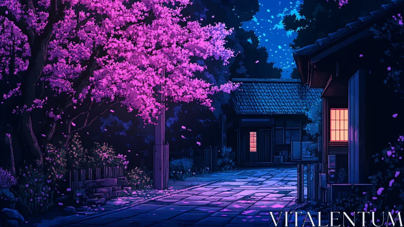 Nighttime cherry blossoms glow above a quiet village lane.