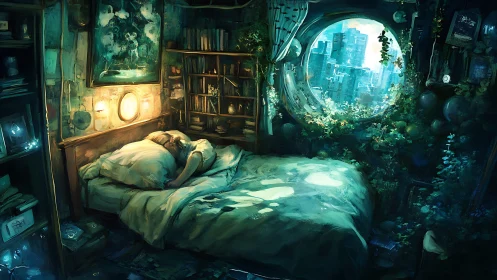 Sleeping figure in overgrown urban window bedroom dreamscape