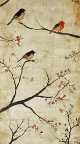 Songbirds rest on bare branches against a softly aged sky