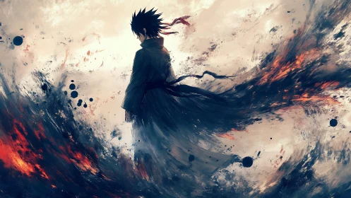 Solitary anime figure dissolves into dynamic fiery brushstroke vortex