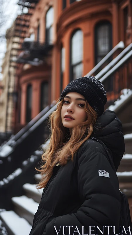 Person in winter clothing on snowy city brownstone steps.