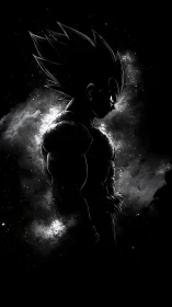 Silhouetted spiky haired warrior in monochrome space field.