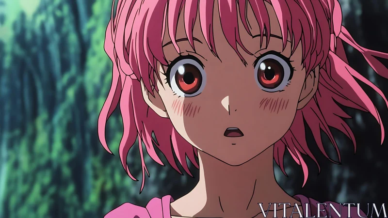 Pink haired anime girl stares ahead with wide shocked eyes