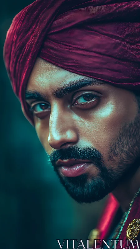 Regal portrait captures intense gaze beneath crimson turban.