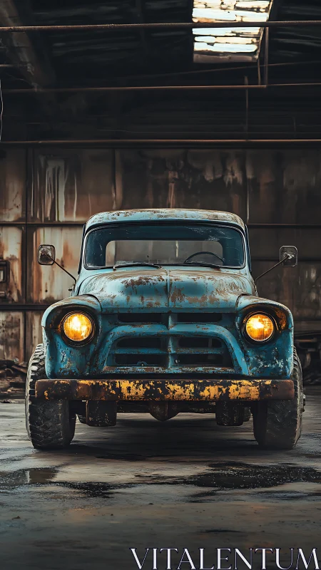 Rust-kissed blue truck waiting like a loyal steel watchdog.