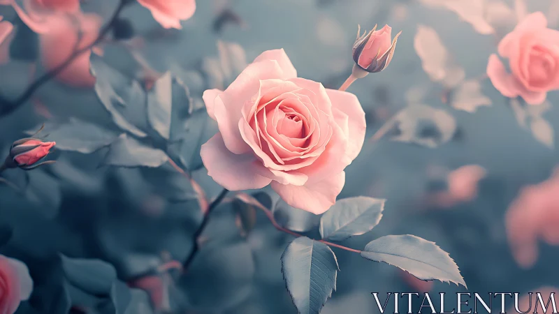 Pink rose bloom with garden setting.