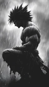Solitary warrior kneels in rain, muscles tense in profile