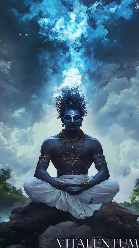 Meditating blue sage under turbulent glowing sky.