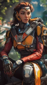 Female pilot in orange sci fi exosuit resting outdoors