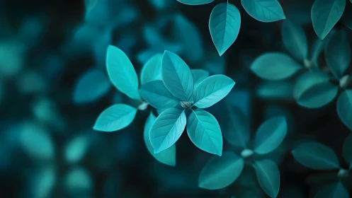 Emerald leaves drift in dreamy teal twilight hush.