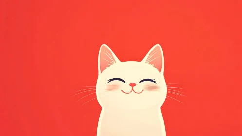 A Joyful White Cat Smiles Brightly Against a Cheerful Red Background