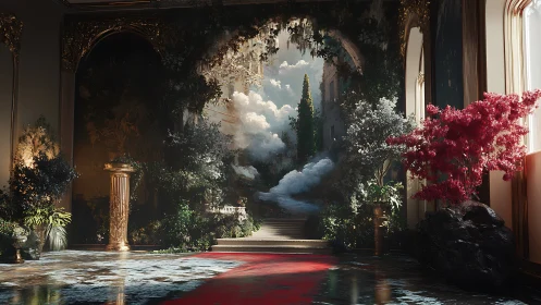 Interior hall opens onto architectural garden vista