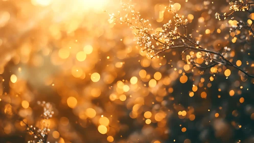 Glowing Spring Branch with Bokeh Lights in Warm Golden Tone.