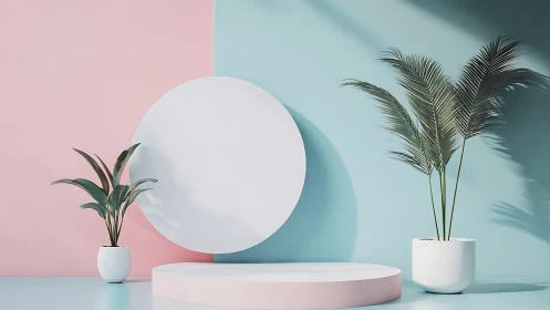 Minimalist podium with potted palms on pastel background