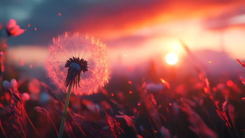 Dandelion seed head in backlit field at low sun position.
