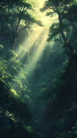 Forest canyon with atmospheric light rays penetrating dense canopy