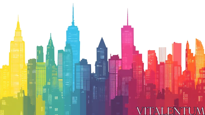 Rainbow skyline dreams paint a neon-drenched modern metropolis.