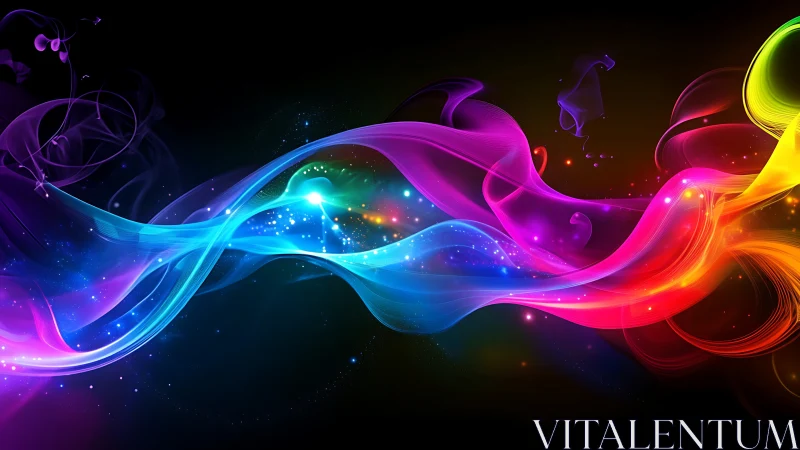 Curved multicolor light trails form layered ribbons on black