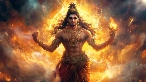 Mythic fire deity in radiant golden inferno vortex