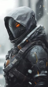 Hooded exosuit operative with orange visor in winter snowfall