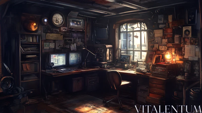 Dim dual-monitor workstation anchors cluttered analog-digital lab