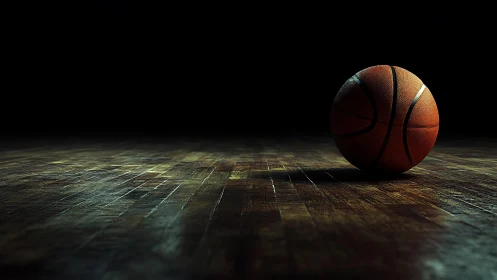 Single basketball rests on dimly lit hardwood court surface
