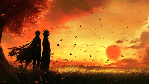 Silhouetted warriors study a blazing anime sunset horizon
