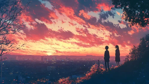 Sunset silhouettes overlooking vivid anime cityscape horizon.