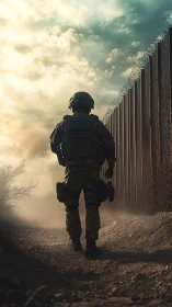 Armored soldier walking along fortified border fence.