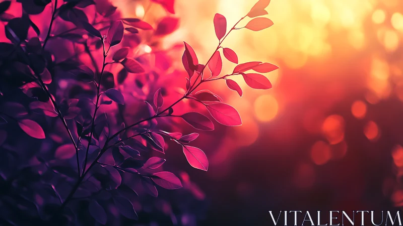 Digital painting of luminous foliage in bokeh sunset field.