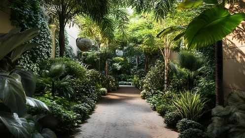 Sunlit tropical garden walkway invites calm escape