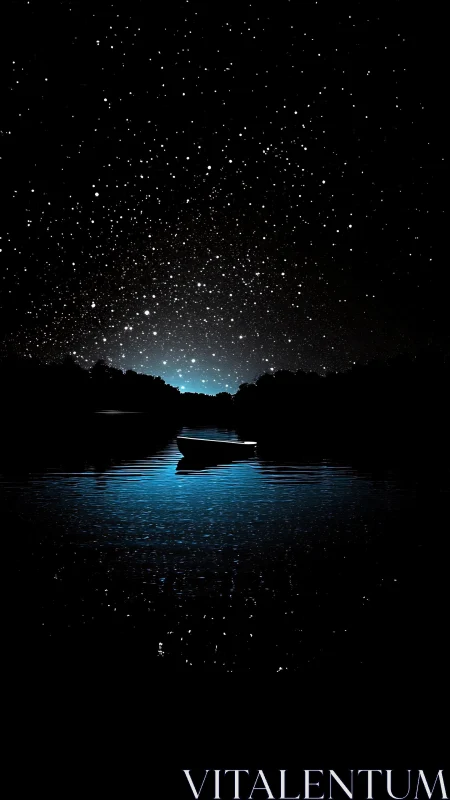 Lonely boat on starlit lake under deep night sky.