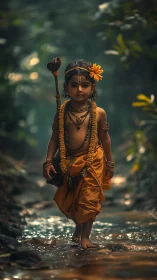 Child in traditional attire walks barefoot through forest stream