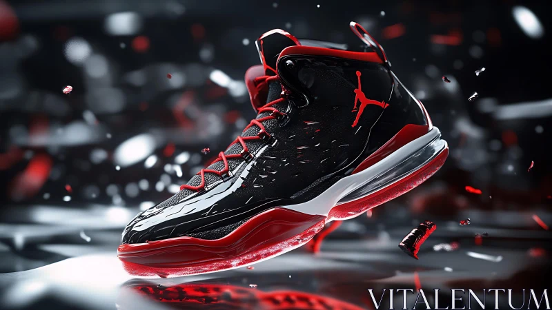 Black and red basketball sneaker in dynamic 3D render.
