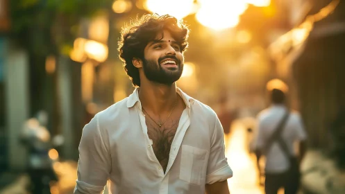 Backlit urban portrait uses shallow depth, warm bokeh rendering