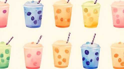 Pastel bubble tea cups in seamless grid, soft digital render