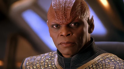 Alien commander gazes forward in ornate starship uniform.