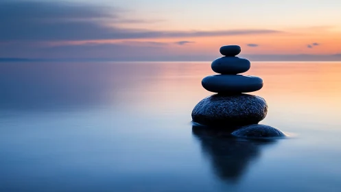 Balanced stones rise over tranquil water at pastel sunset
