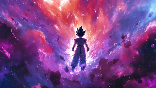 Backlit anime warrior silhouette confronts turbulent cosmic nebula