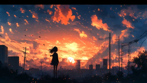 Silhouetted girl watches a blazing city sunset ignite the sky