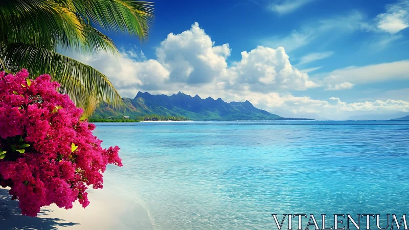 Tropical Paradise Beach with Magenta Bougainvillea Blooms.