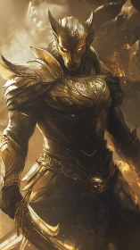 Golden armored feline warlord dominates a molten infernal backdrop
