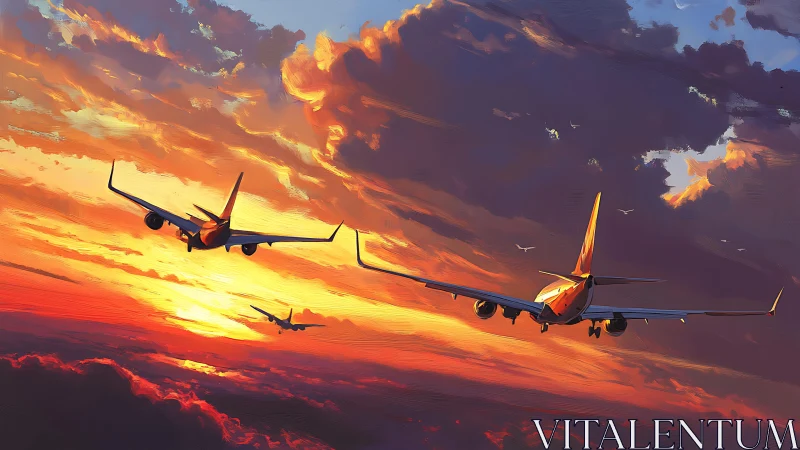 Commercial airliners descend through dramatic sunset cumulonimbus