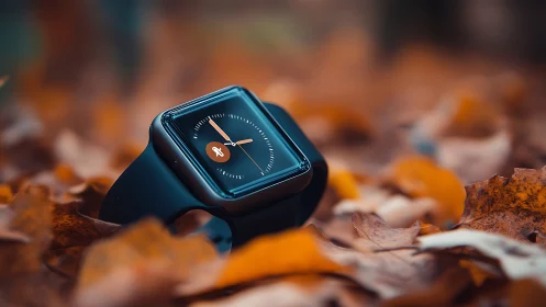 Smartwatch with dark band resting in soft autumn leaves.